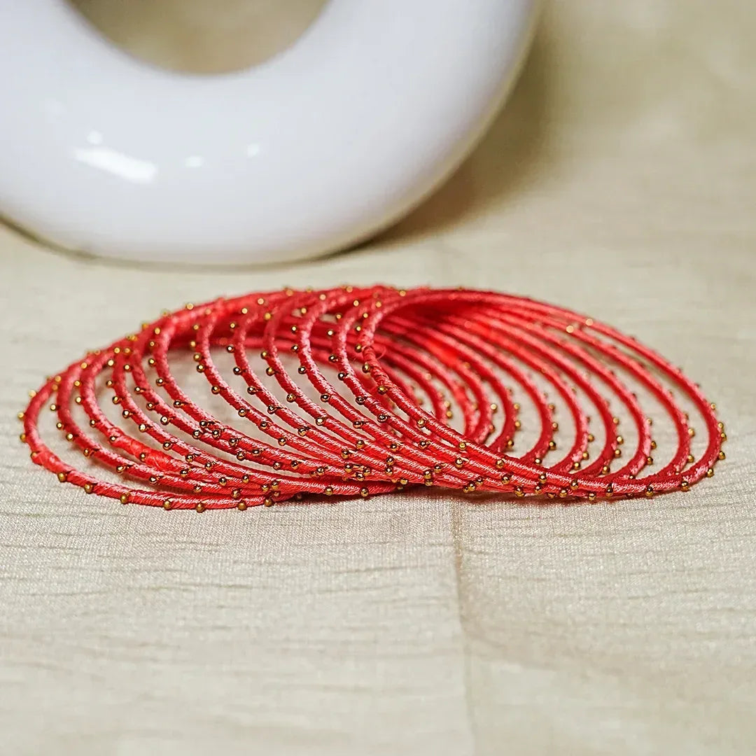 Metal Base with Premium Thread Work Bangles for Women & Girls (Pack of 12 Bangle) - The Golden Cascade